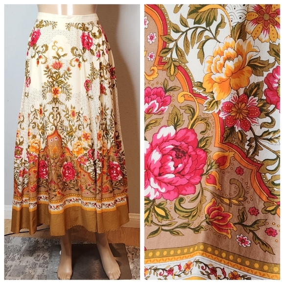 Coldwater Creek Cotton A-Line Full Maxi Skirt Cream red orange size Large. - Picture 1 of 15